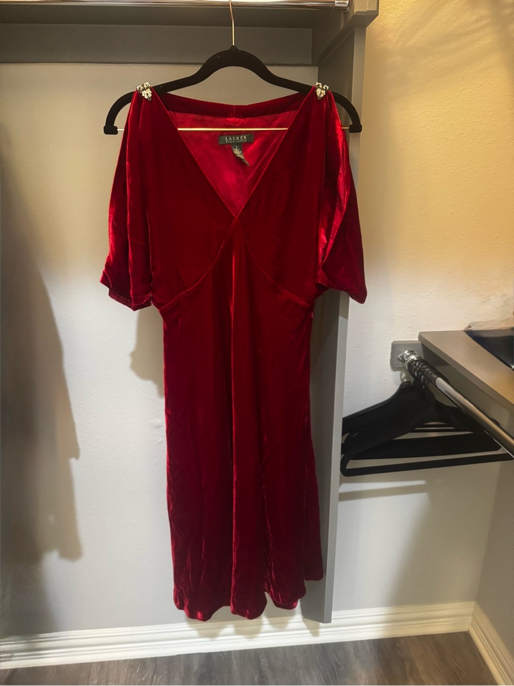 Lauren Ralph Lauren Burgundy Velvet Embellished Dress